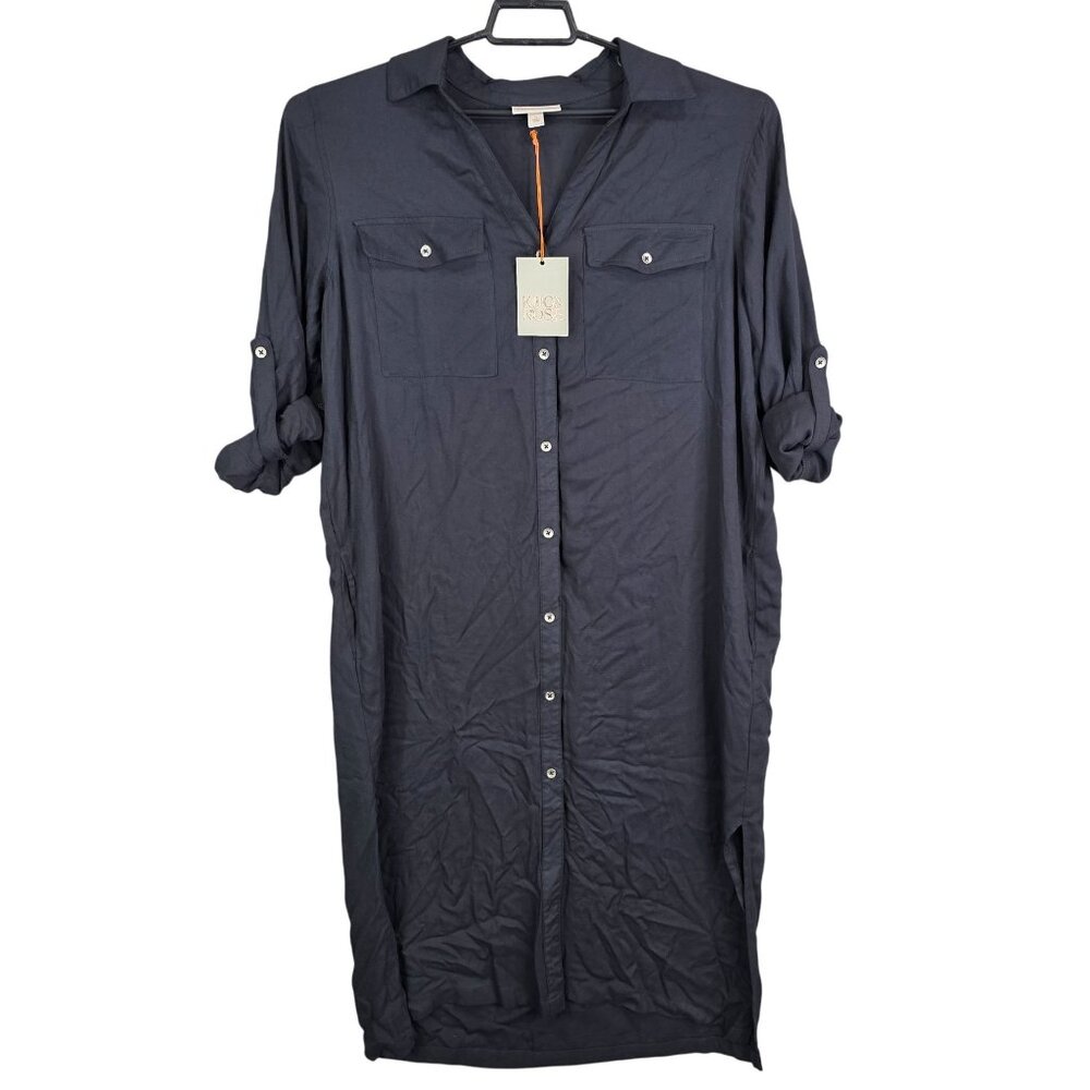 Womens Knox Rose Black Rayon Shirt Dress Roll Tab Sleeve Button Down Size XL